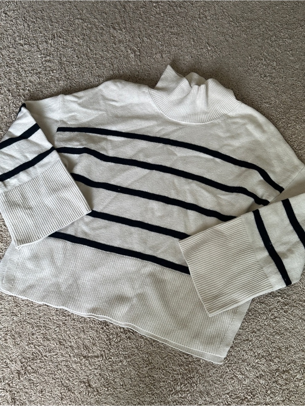 Striped Mock Neck Sweater - White with Navy Stripes